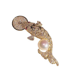 Elegant Chinese Koi Fish Brooch on model wearing a jacket