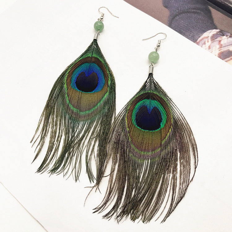 Bohemian Vintage Peacock Feather Long Dangle Earrings 1