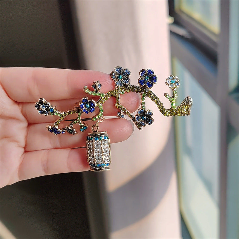 Rhinestone floral pin on a stylish outfit