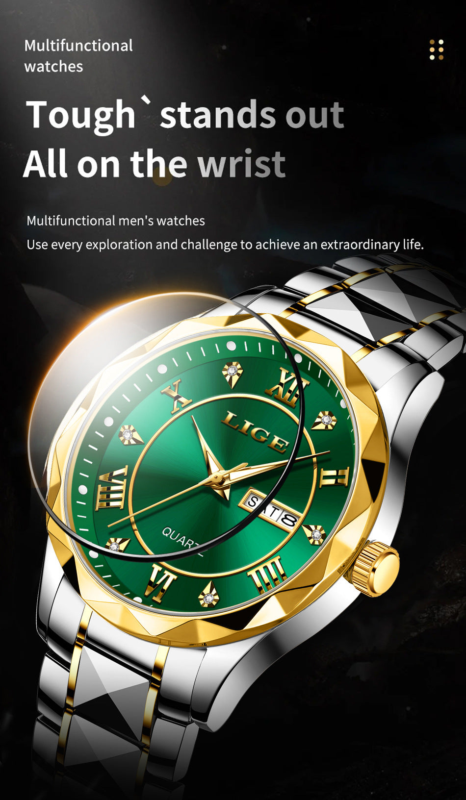 Close-up of the stylish waterproof quartz watch face