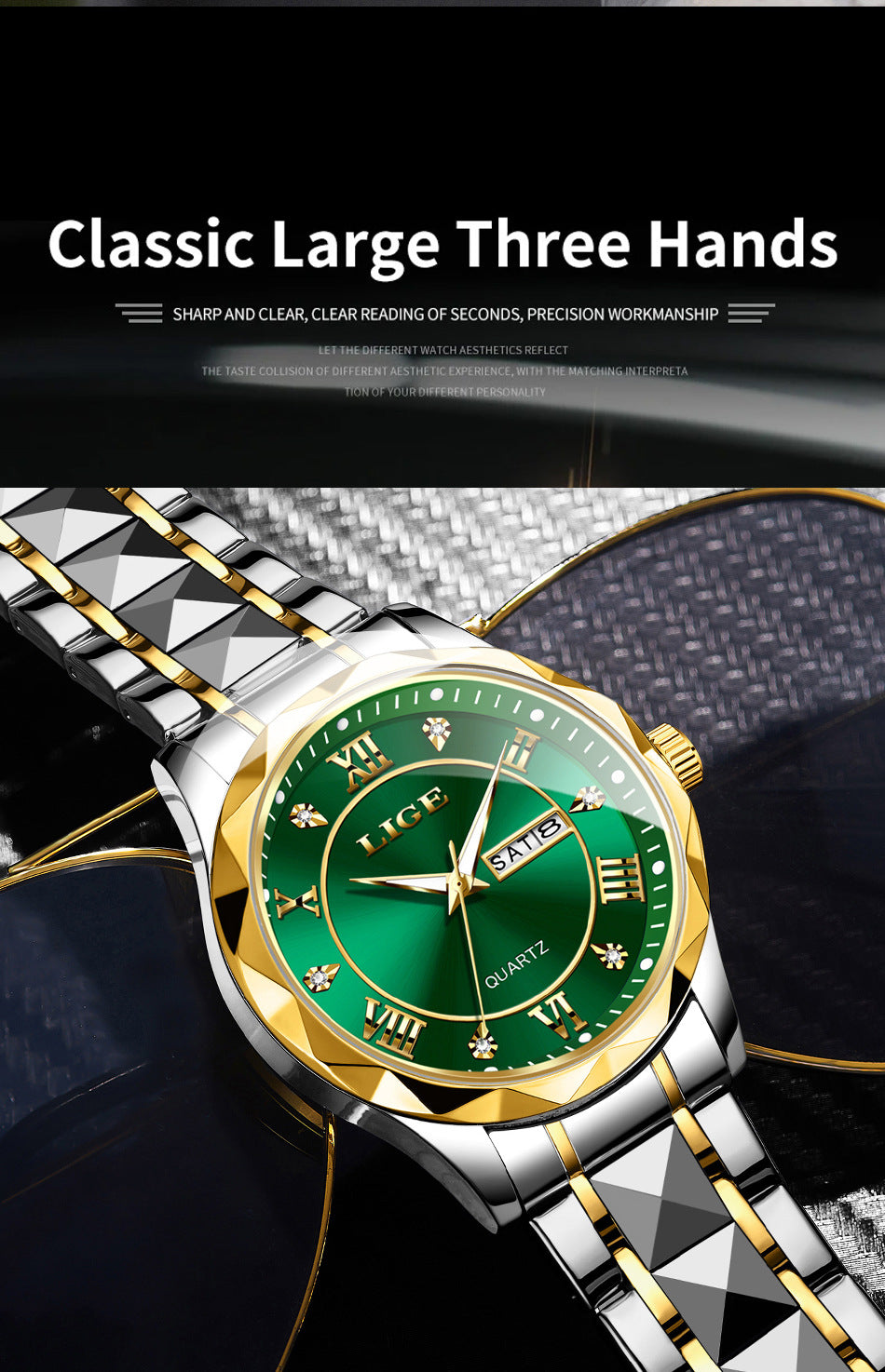 Gold-green wristband stylish men's business watch