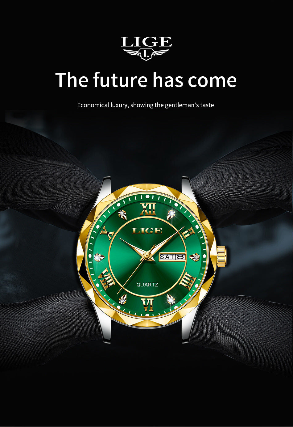 Close-up of the stylish waterproof quartz watch face