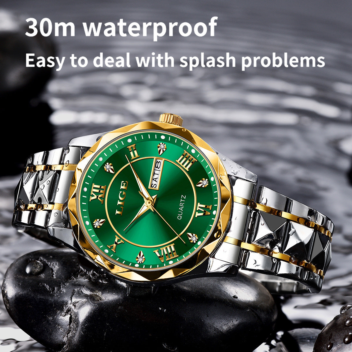 Gold-green wristband stylish men's business watch