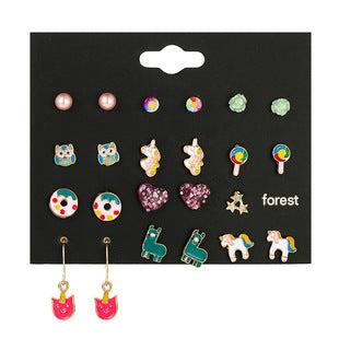 Various angles of colourful animal earrings