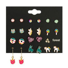 Various angles of colourful animal earrings