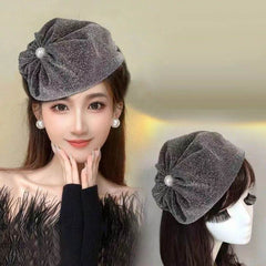 Elegant Retro Pearl Bow Beret Hat Image 3