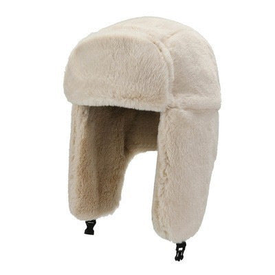 Model wearing fashionable winter earflap hat