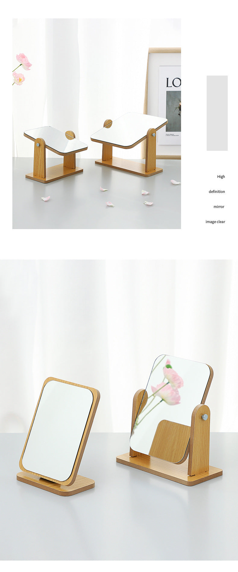 Wooden makeup mirror side view